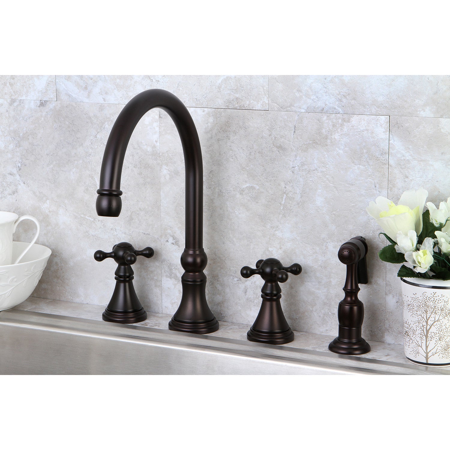 Kingston Tulare KS2795KXBS - Governor Double-Handle 4-Hole Widespread Kitchen Faucet with Brass Sprayer, Oil Rubbed Bronze — thumbnail 3